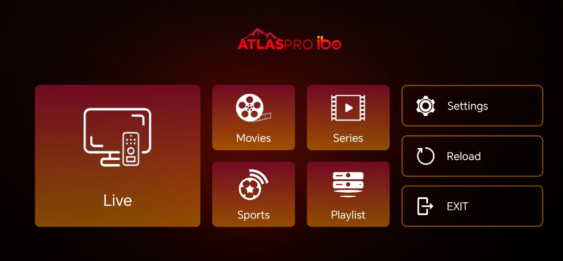 Interface Atlas Pro IBO avec accès Live, Movies, Series, Sports et Playlist
